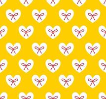 Seamless pattern with white hearts and red bow on yellow background. vector