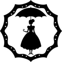 Vintage Princess Silhouette with Umbrella, Set Against a Retro Patterned Background for a Timeless Look vector