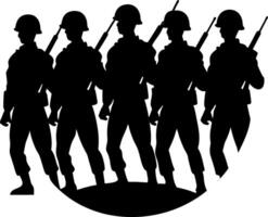 Bold Silhouette of Seven Soldiers with Weapons, Arranged in a Circular Pattern, Perfect for Strong Teamwork or Leadership Representations vector