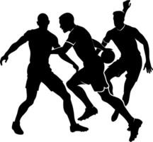 Dynamic Black and White Silhouettes of Soccer Players in Action, Including a Goalkeeper Diving and Players Kicking, Ideal for Sports Graphics and Posters vector