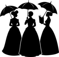 Detailed Black and White Image of Three Victorian-Style Ladies, Two with Umbrellas and One with a Book, Suitable for Bookstore or Library Decor vector