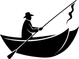 Fisherman in a small boat using a fishing rod to catch fish with a gentle breeze, shown as a silhouette vector