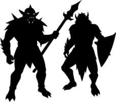 Fantasy-Inspired Orc Silhouettes in Bold Contrast on a White Background, Representing Fierce Warriors vector