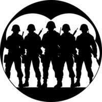 Silhouette of Five Soldiers in a Circular Formation, All Equipped with Helmets and Rifles, Perfect for Military or Patriotic Graphic Design vector