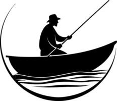 A silhouette of a fisherman in a boat casting a fishing rod with a flag flying in the wind vector