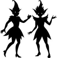 A Pair of Silhouettes of Playful and Powerful Elves Expressing Magic and Wonder vector