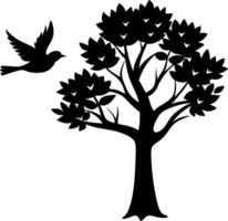 High-Contrast Black and White Image of a Tree with a Bird Flying By, Perfect for Use in Art Projects About Forests or Bird Life vector