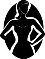 dynamic silhouette of a woman with flowing hair and a heart-shaped dress, encapsulated in a circular frame, suitable for love and style representations vector