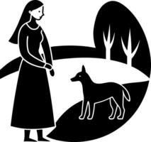 Harmonious Black and White Silhouette of a Woman and a Dog with a Forest and Trees, Perfect for Nature-Loving and Outdoor Enthusiast Graphics vector