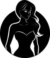 stylized black and white silhouette of a woman with flowing hair and geometric arm positions, framed in a circular shape, perfect for modern art and design vector