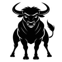 An Aggressive and Fierce Bull Silhouette Front View with Intense Eye Contact, Sharp Facial Features, and a Dynamic Stance in a Graphic Illustration vector