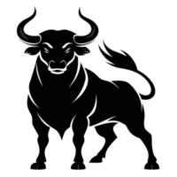 A Bold and Muscular Bull Silhouette Front View with an Aggressive Stance, Highlighted Muscles, and Striking Curved Horns in a Graphic Design vector