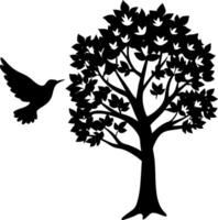 Black and White of a Flourishing Tree with Large Leaves and a Bird in Flight, Perfect for Nature-Themed Logo Design or Environmental Campaigns vector