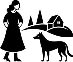 Mysterious Black and White Silhouette of a Woman and a Dog with a Haunted House and Spooky Trees in the Background, Perfect for Halloween Themed Designs vector