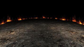 Inferno landscape, A dark, barren ground contrasts with a horizon ablaze in vibrant orange flames photo