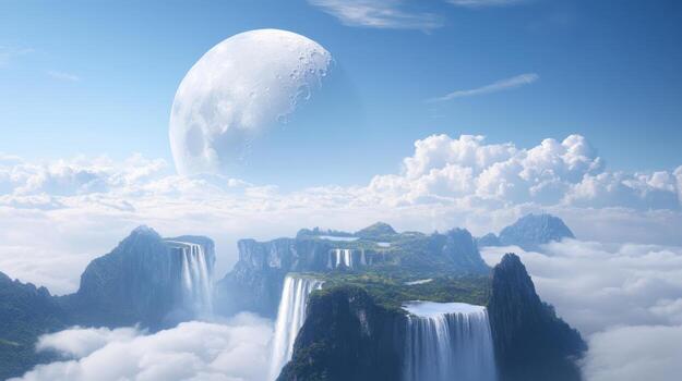 Fantasy landscape with floating islands, cascading waterfalls, and a giant moon in the sky photo