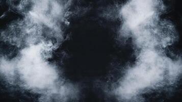 Abstract ethereal smoke wisps frame a void. Translucent haze drifts in the darkness, creating depth photo