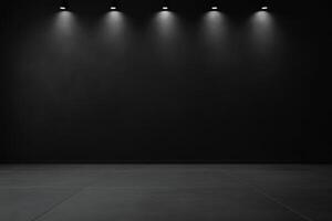 Six spotlights illuminate a dark room with a sleek floor. photo