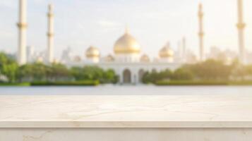 Marble surface with an out-of-focus background of a building with golden domes and tall towers photo