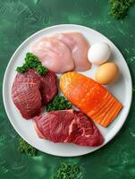Assorted protein sources on a plate with beef, chicken, salmon, and eggs, served with fresh herbs photo