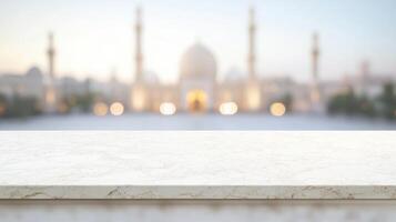 Empty countertop with a blurred mosque background, evoking peace, serenity, and islamic elegance photo