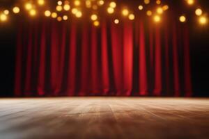 A theatrical stage with a wooden floor, red curtains, and warm, glowing string lights overhead photo