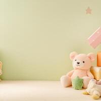 A serene scene features plush toys and colorful blocks against a muted green background, perfect for kids photo