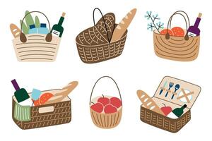 illustration set of picnic baskets with food, wine, and fruits. Wicker baskets with baguette, apples, and utensils. Flat, cartoon style. Doodles for summer, leisure, and outdoor dining themes vector