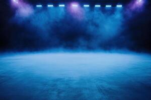 Illuminated empty space with cool stage lighting and atmospheric smoke for performance event photo