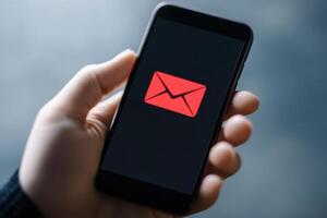 Email notification on mobile phone. A red envelope is visible on the dark display screen photo