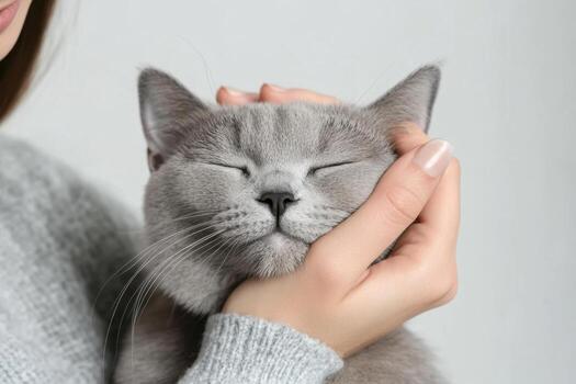 Contented grey cat being lovingly stroked and cuddled, eyes peacefully shut and at total ease photo