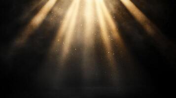 Dramatic spotlight effect with golden rays illuminating a smoky, dark background. Mystical glow photo