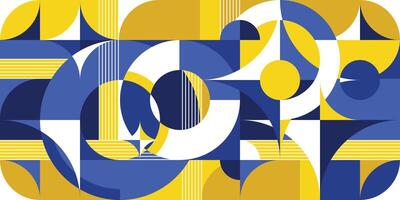 Graphic composition with simple overlaps geometric shapes, circles and stars, abstract banner. Print a sample. Bauhaus style pattern. Blue yellow bright colors background vector