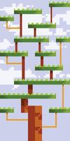 Pixel art arcade game scene with one big tree, branches board, sky and clouds, 8bit background. Adventure platform poster vector