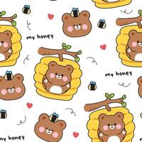 Seamless pattern of cute teddy bear greeting stay in honeycomb on tree with bee background.My honey text.Heart.Wild animal character cartoon design.Kawaii.Illustration. vector