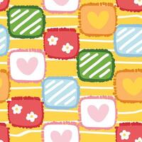 Seamless pattern of cute patchwork blanket background.Bedsheet.Cloth.Flower,heart,line hand drawn.Kawaii.Illustration. vector