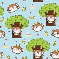 Seamless pattern of cute monkey greeting and stay on tree background.I love banana text.Banana fruit.Wild animal character cartoon design.Kawaii.Illustration. vector