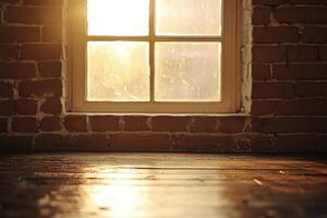 Sunlight streams through a window onto a brick wall and wood floor, creating warm light and texture photo