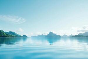 Serene waters meet lush, distant mountains under a tranquil sky, nature's peaceful tableau photo
