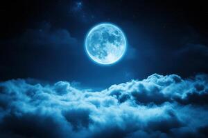 A serene night sky illuminated by a full moon, partially obscured by fluffy, billowing clouds photo