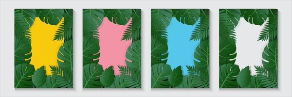 set of vertical poster or banners with tropical leaves and copy space for text vector