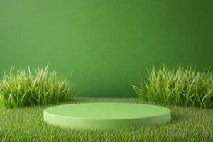 Inviting green podium on a lush lawn, perfect for showcasing nature-inspired products. photo