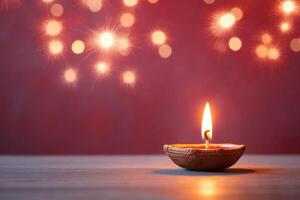 Glowing diya lamp on a wooden surface, with sparkling lights in the background for celebration photo