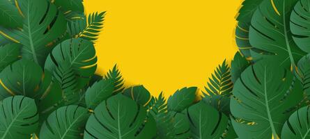 tropical leaves on yellow background and copy space for text vector
