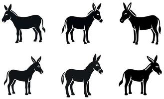 Six silhouette images of donkeys, in various poses. vector