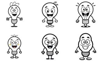 Set of four black and white cartoon lightbulb characters with exaggerated features, all showing joyful expressions. vector