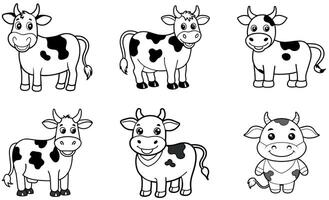 This image features a set of six adorable cartoon cows in black and white, perfect for coloring pages or educational materials. vector