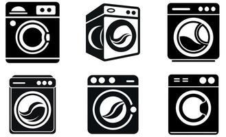 A set of six simple, black and white icons depicting various washing machines. vector
