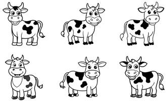 This image features a set of six adorable cartoon cows in black and white, perfect for coloring pages or educational materials. design vector