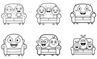 Cartoon Characters Relaxing on Sofa icon set vector